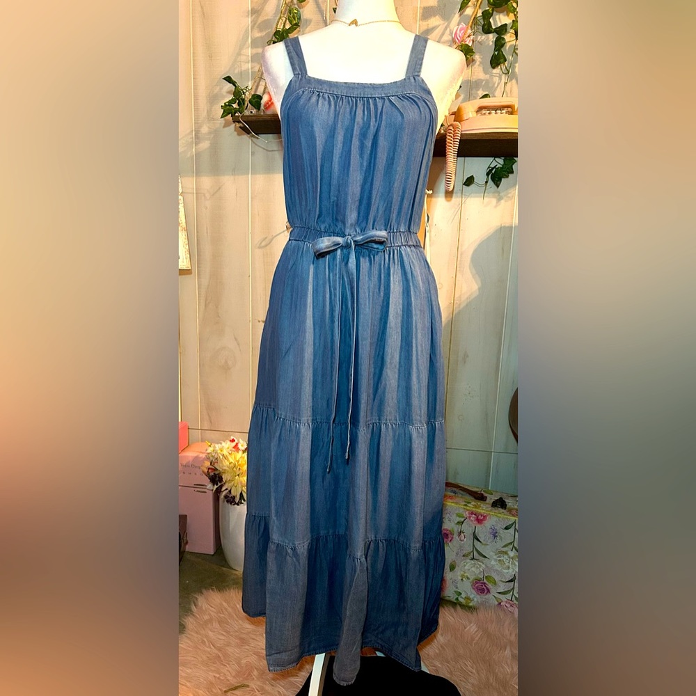 Denim Blue Midi Dress with Belt
